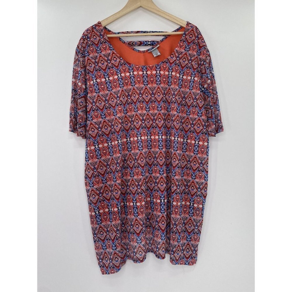 Catherines Blouse Womens Orange Blue Ikat Tunic Layered‎ Fully Lined Stretch 3x